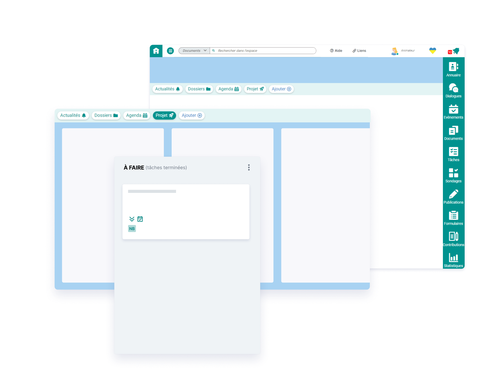 Wireframe d'un espace Interstis avec un extrait de la section projet et d'une tâche