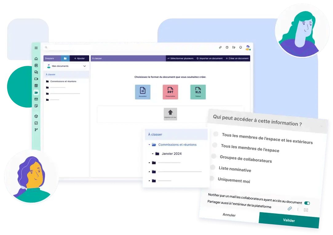 Image de la GED depuis l'accueil de la plateforme : la vue d'ensemble des dossiers, l'arborescence des dossiers et les avatars des collaborateurs Image de la GED depuis l'accueil de la plateforme : la vue d'ensemble des dossiers, l'arborescence des dossiers et les avatars des collaborateurs